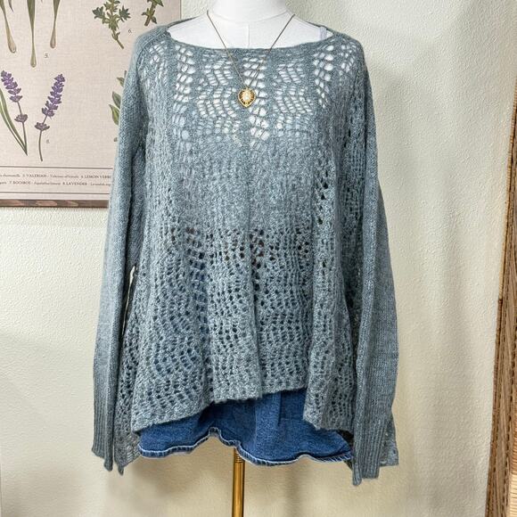 Blue Gray Open Knit Oversized Sweater Lagenlook Shabby Chic Gloomy Coquette L XL - Picture 1 of 6